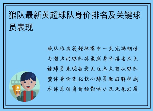 狼队最新英超球队身价排名及关键球员表现